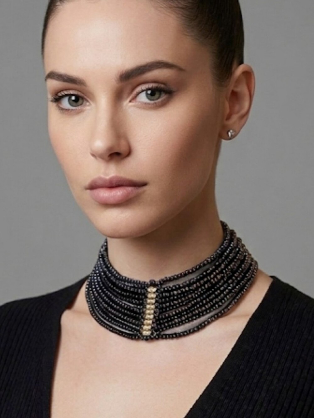 Vintage Multi-Strand Black Beaded Choker Necklace with Gold Accent